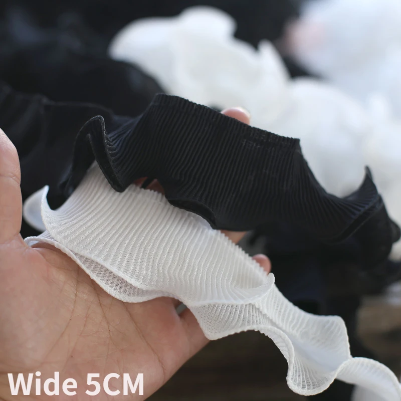 

5CM Wide White Black Double Layers Chiffon Lace Fabric Embroidery Fringed Ribbon Elastic Ruffle Trim Dress Collar Sewing Decor