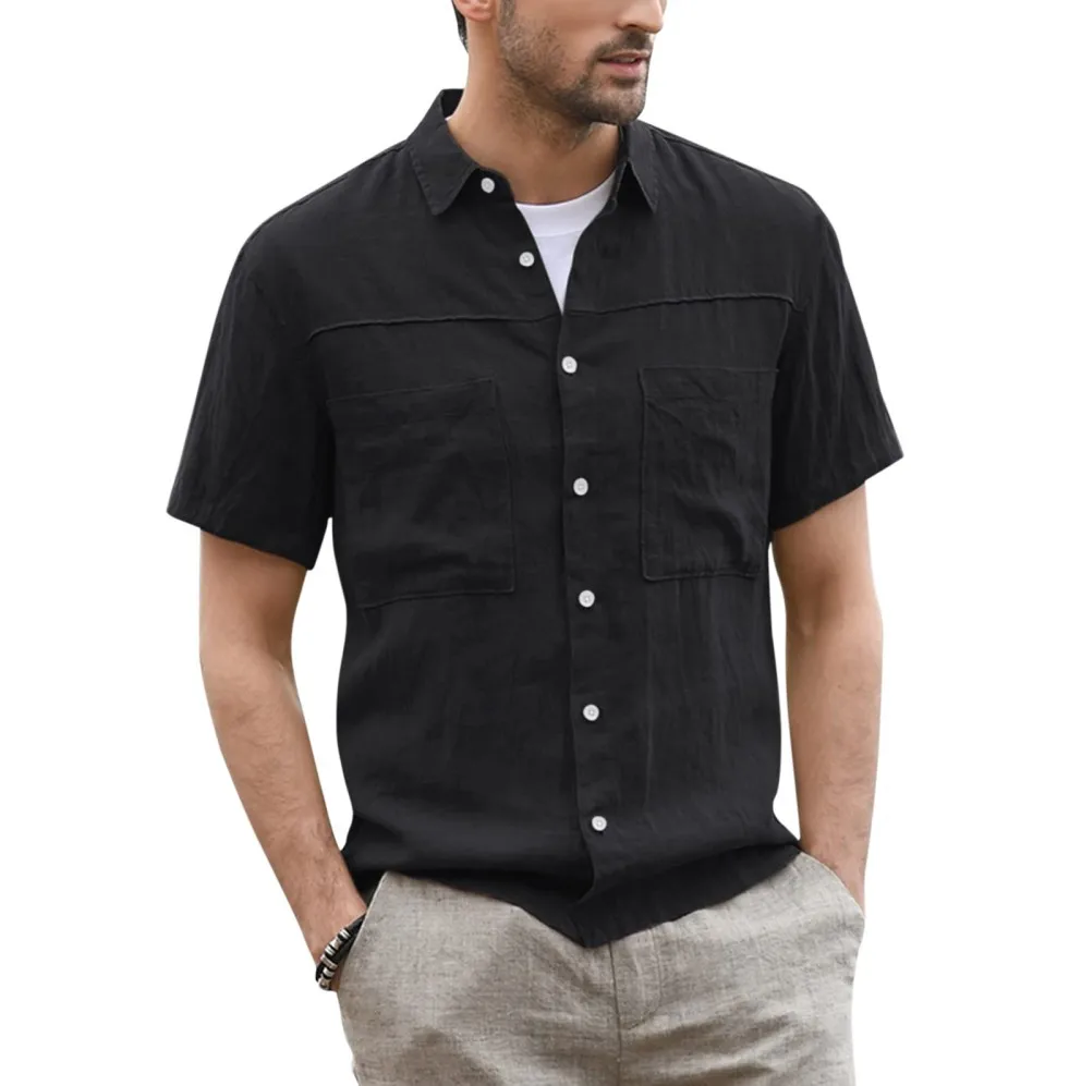 2022 Summer New Fashion Casual Button-Up Men Shirt Cotton Linen Short Sleeve Two Pocket Wide Collar Tops Men Clothing Streetwear