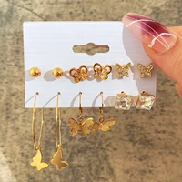 6pcs butterfly circle hoop earrings set for women geometric ear studs gold silver color zircon metal earrings wedding jewelry
