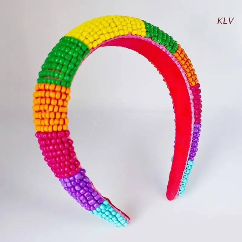 

Ободок Радужный Женский, нескользящий, с плетеными бусинами