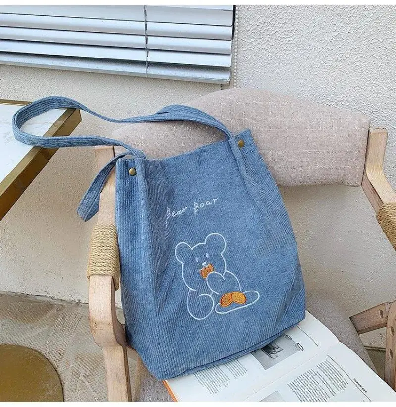 

New Cute Bear Embroidery Corduroy Large Capacity Shoulder Bag for Women Handbags