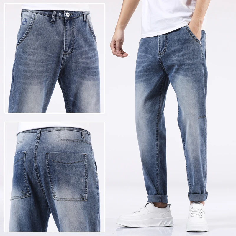 Популярные джинсы красивые мужские свободные облегающие брюки Harlan с эластичным