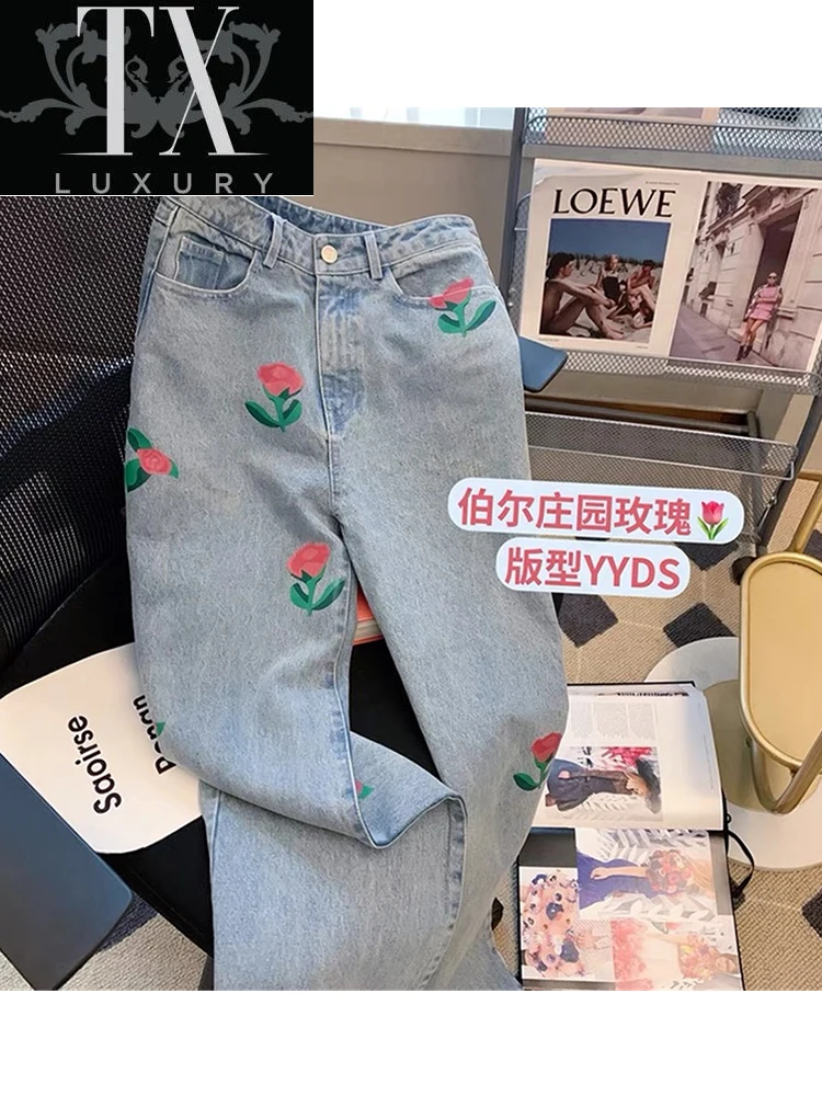 

2022 Summer Women Harajuku Baggy Print Jeans High Waist Denim Pants Wide Leg Fashion All-Match Long Trousers Design Streetwear