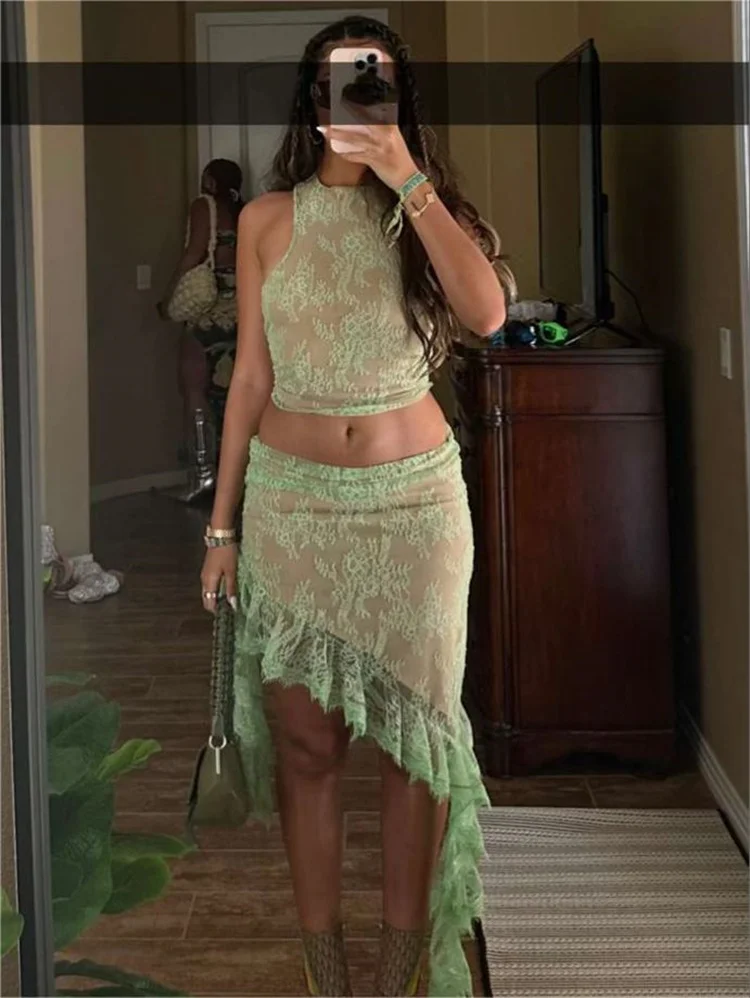 

Женский комплект Макси-юбки из 2 предметов, кружевные топы на бретельках с завязкой, облегающая длинная юбка с высокой талией Y2K, комплект из 2 предметов