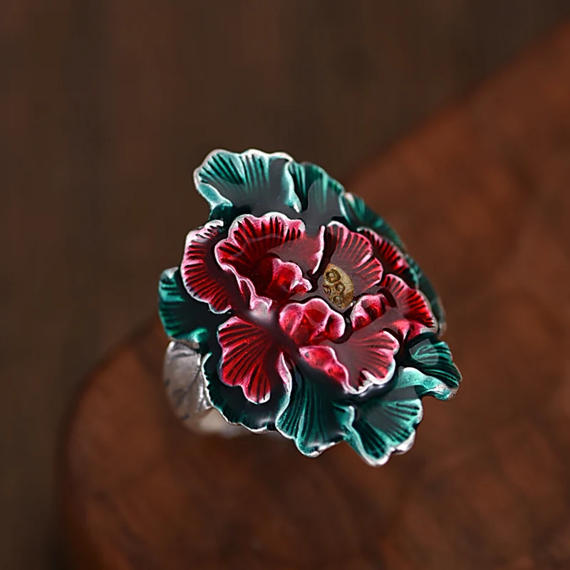 Кольцо ZABRA из стерлингового серебра 990 эмалированное кольцо с пионом для женщин