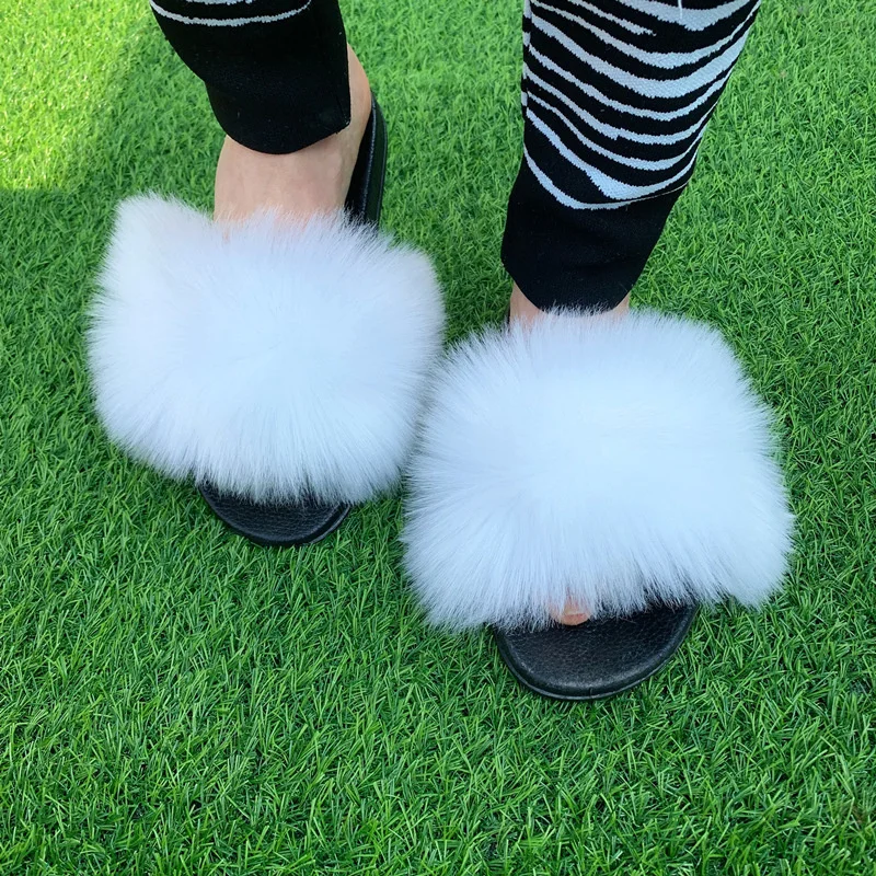2022 Summer Womens Plush Fluffy Sandals Real Faux Fur Slippers Women Flat Slides Home Flip Flops Female Slipper Sapato Feminino