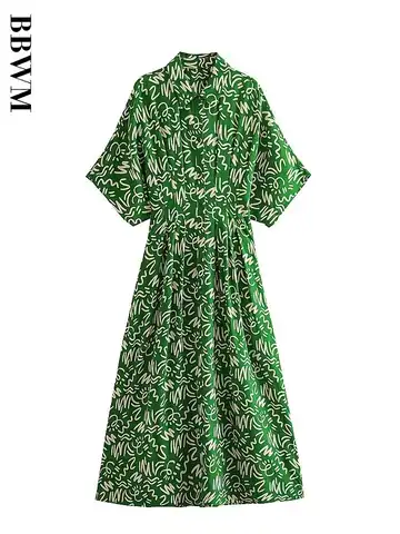 2023 Women Short sleeves Dress Printed Mid-Calf Dresses Summer Fashion Vintage Pleated Dresses Chic Female Party Vestidos