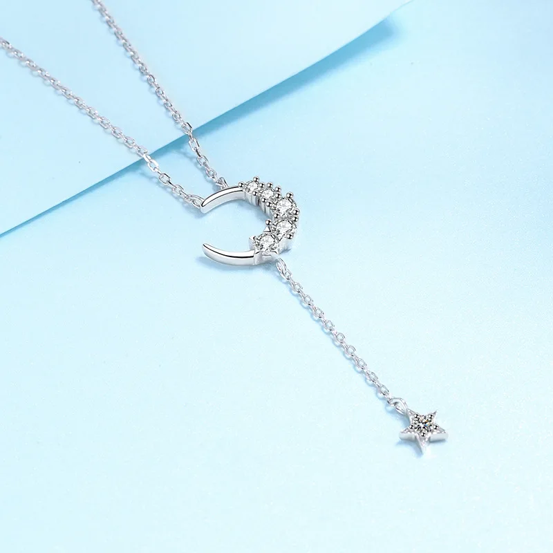 

Moon And Star Pendant Moissanite Necklace 925 Silver 0.4CT VVS1 Lab Diamond Long Tassel Necklaces Shiny Birthday Gift For Women