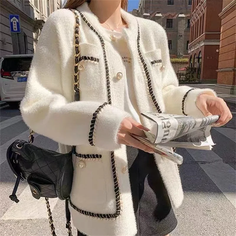 

White Mink Cashmere Sweater Coat Women Autumn Winter Lazy Style Female Korean Retro Black Loose O Neck Knitted Cardigan D989