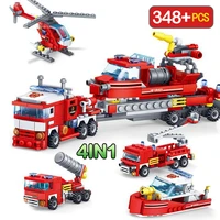 4pcslot city fire fighting trucks helicopter boat building blocks firefighter brinquedos bricks educational toys for children