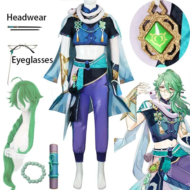 

High Quality Game Genshin Impact Baizhu Cosplay Costume Bai Zhu Outfits Snake Headwear Eyesglasses Baizhu Full Set for Comic Cn