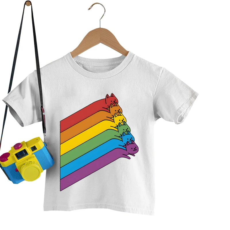 

Детские футболки с мультяшным принтом радужного кота, одежда для девочек с милым забавным котенком, летние топы с коротким рукавом с животными, футболка для мальчиков в стиле хип-хоп