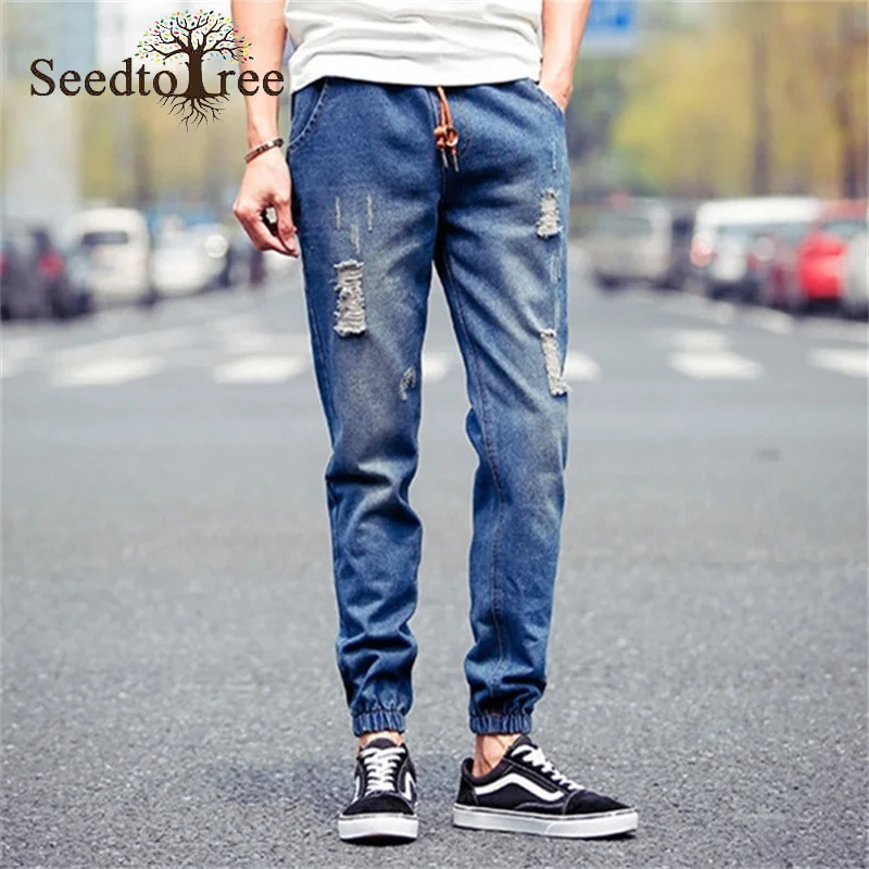 Solid Color Hole Casual Men's Jeans Ankle Length Pants Denim Trousers Pencil Pants