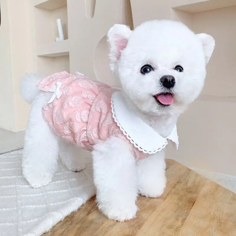 

Dogs Clothing Cat Lapel Rose Bow Dress Dog Clothes Kawaii Korean Fashion Skirt Small Spring Summer Thin Girl Sweet Pet Products