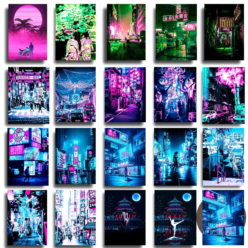 

Modular Hd Print Picture Neon Night City Street Painting Home Decor Canvas Vaporwave Style Poster Wall Art Living Room No Frame