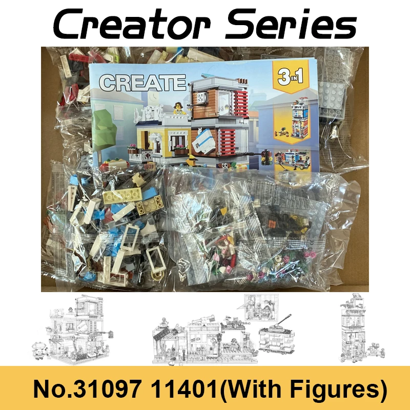 

985pcs Creative Series 3in1 Townhouse Pet Shop Building Blocks Street View House Villa Fit 31097 Bricks Toys For Children Gifts