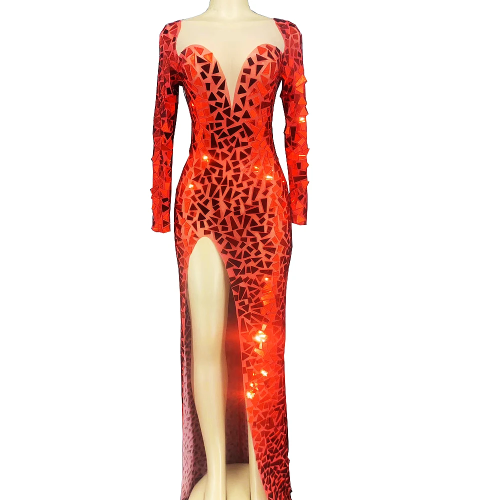 

Red Shining Mirror Sequins Deep V-Neck Long Split Dress For Women Evening Clothing Banquet Wear Stage Singer Costumes