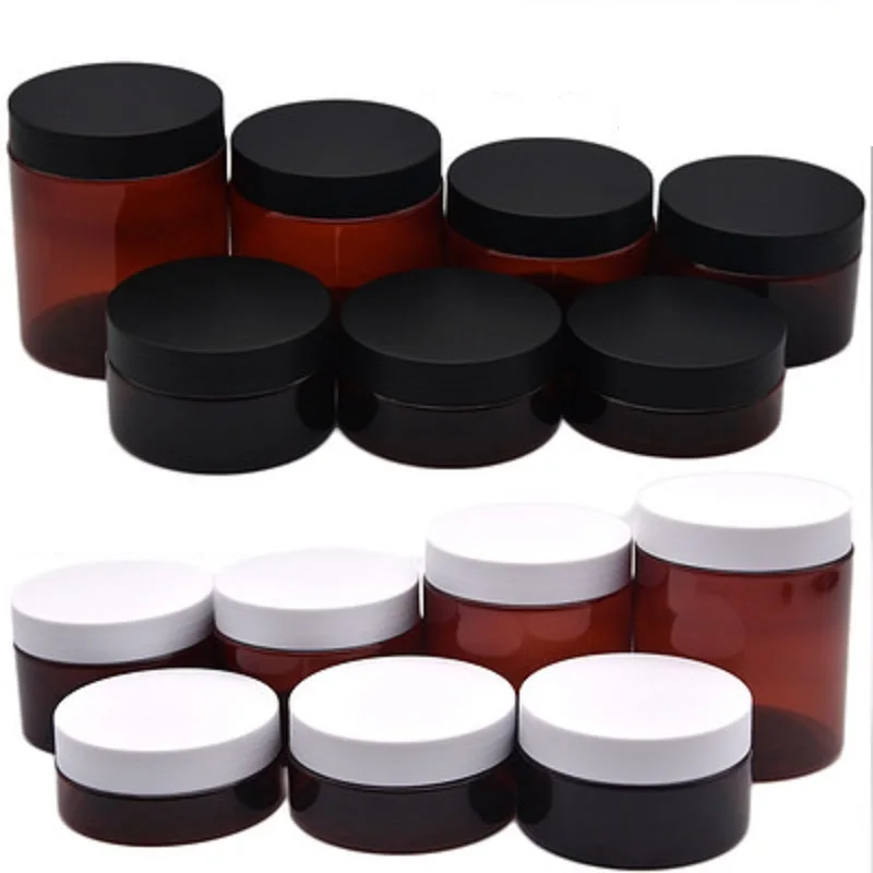 

Empty Clear Brown Plastic Jar Black White Lid 50G 80G 100G 120G 150G 200G 250G Refillable Cosmetic Packaging Container 20Pieces