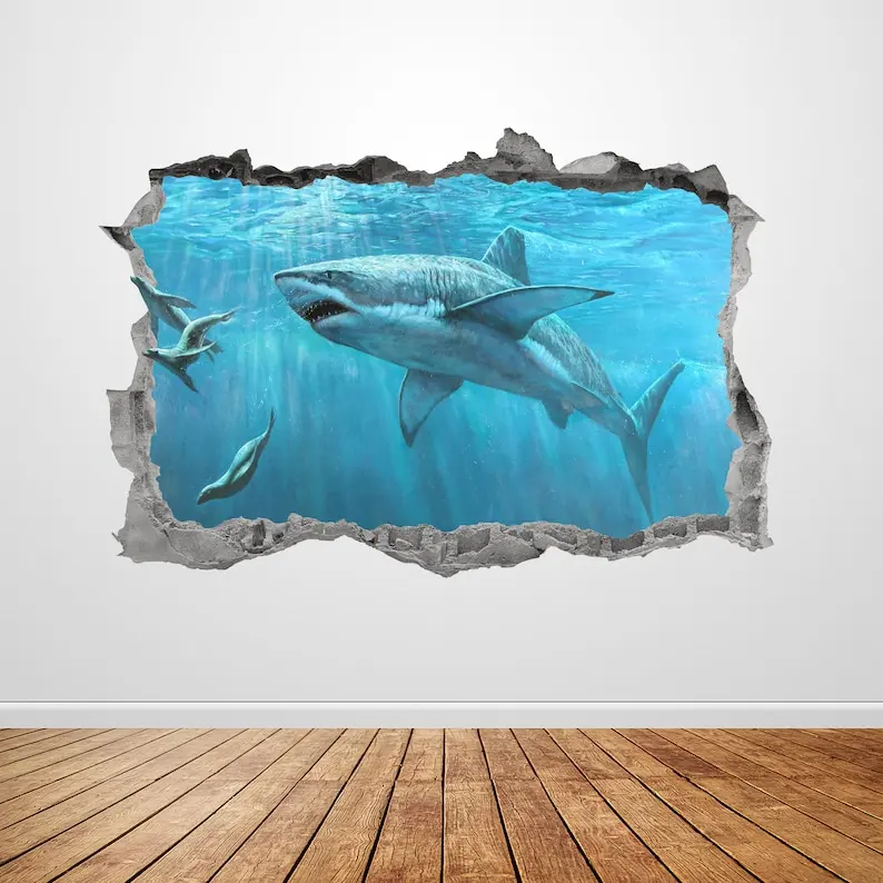 

Great White Shark Wall Decal Smashed 3D Graphic Ocean Animal Shark Wall Art Stickers Mural Poster Kids Room Bedroom Home Decor G