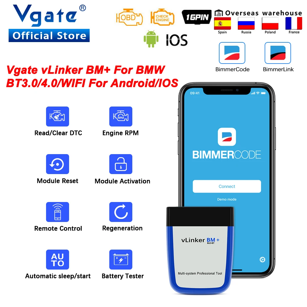 

Vgate vLinker BM+ ELM327 For BMW OBD2 wifi Scanner Bluetooth 4.0 OBD 2 Car Diagnostic Auto Scan Tool Bimmercode ELM 327 V 1 5