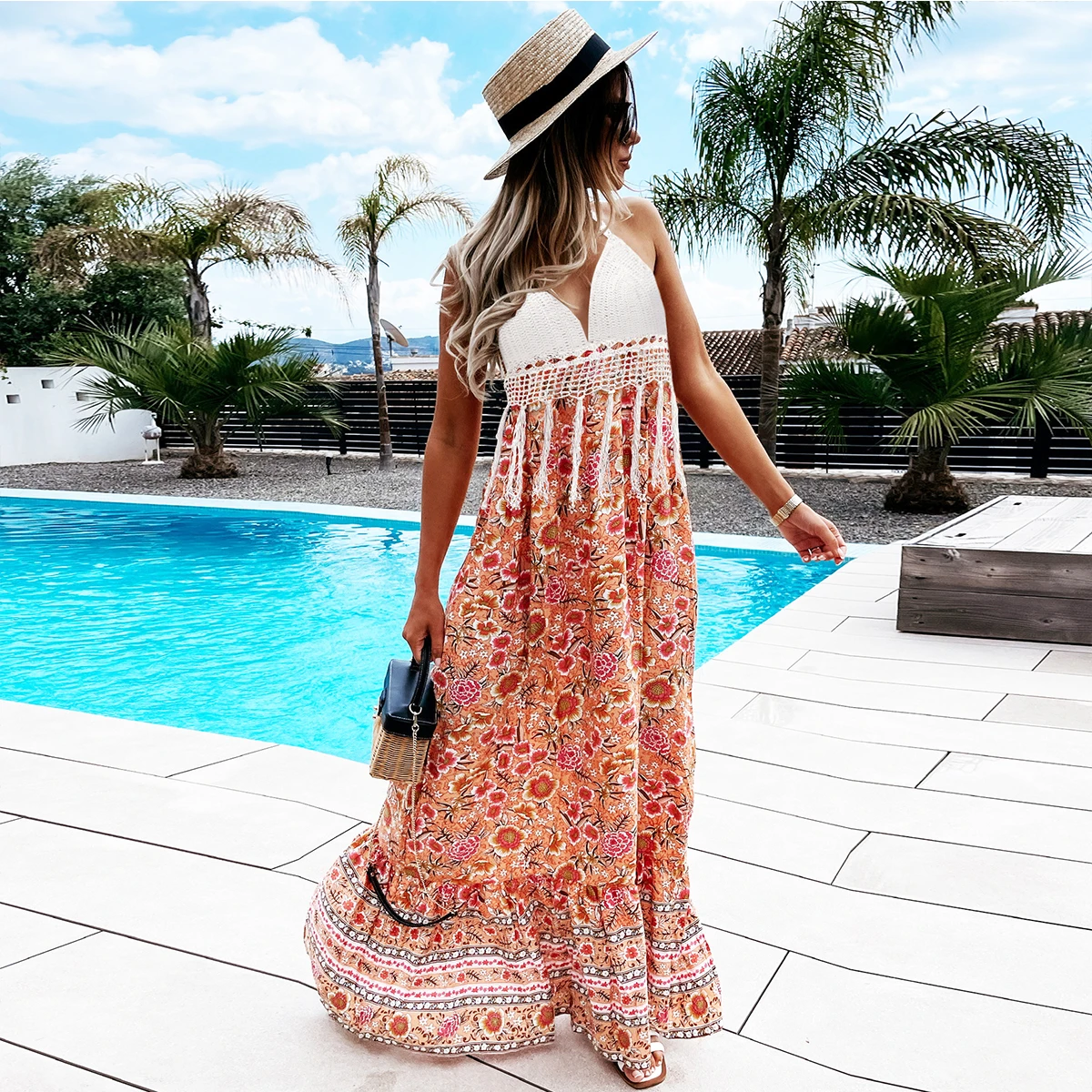 

Summer Maxi Dress Women Boho Floral Print Deep V Neck Elegant Dresses For Women 2022 Sleeveless Backless Sexy Club Party Dress