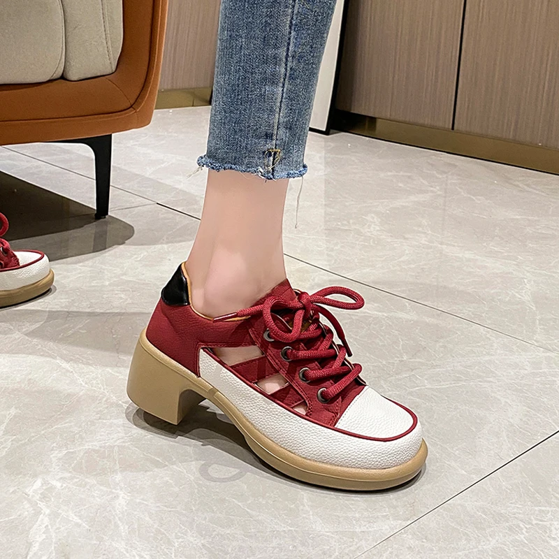 Summer Cut-out Sneakers Woman Feminine High Heel Dress Shoes Ladies Casual Lace-Up Platform Sandals Wide Fit