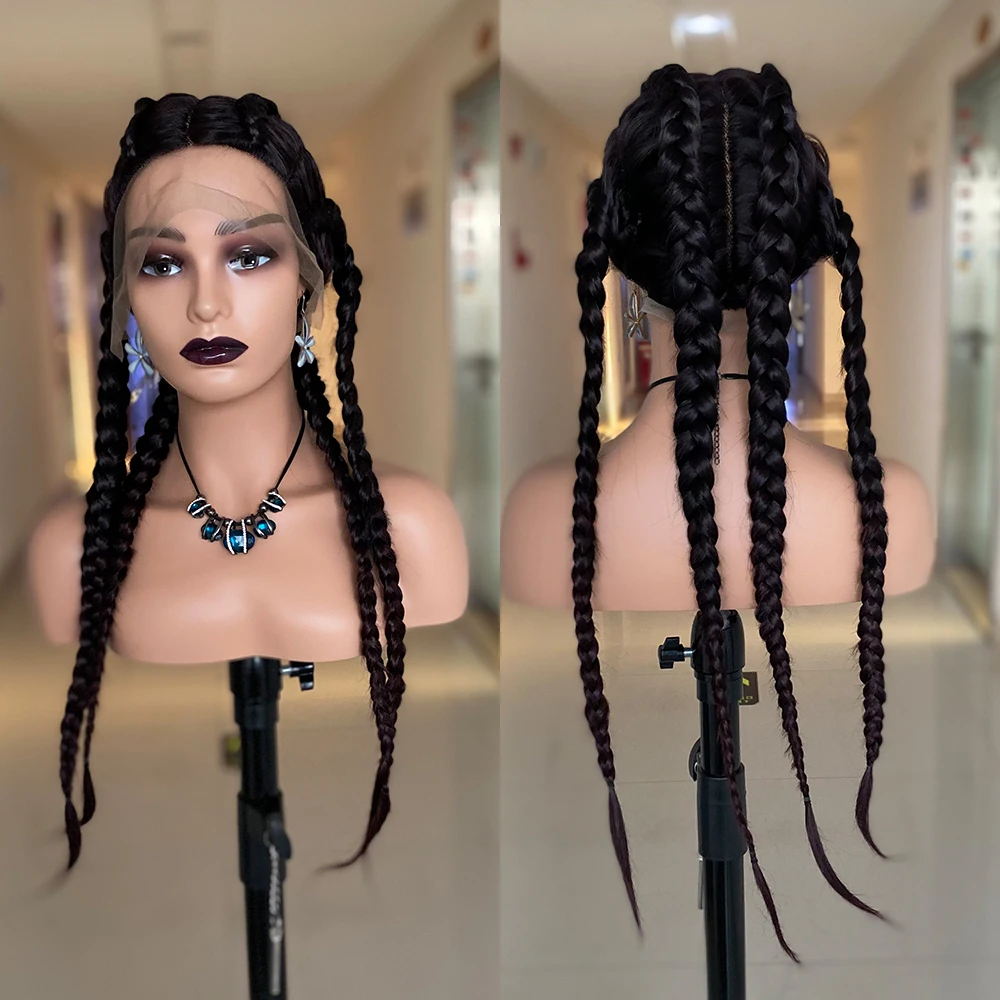 Braid Hair Wig Lace Front Synthetic 4 Braids Double Dutch For Black Women African Box Cornrow Braided Lace Wigs Daily Use