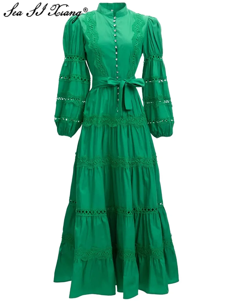 

Женское дизайнерское платье с воротником-стойкой, рукавом-фонариком и поясом