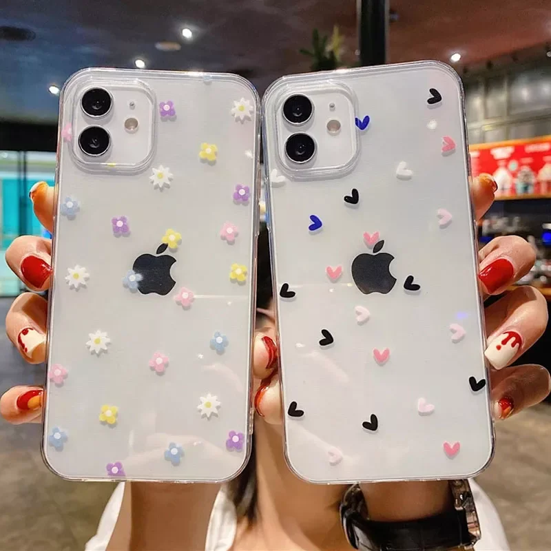 

Phone Case For iPhone 11 Pro Max 12 13 Mini 7 8 Plus X XR XS Max Transparent Cute Cartoon Love Heart Soft TPU Mobile Phone Cover