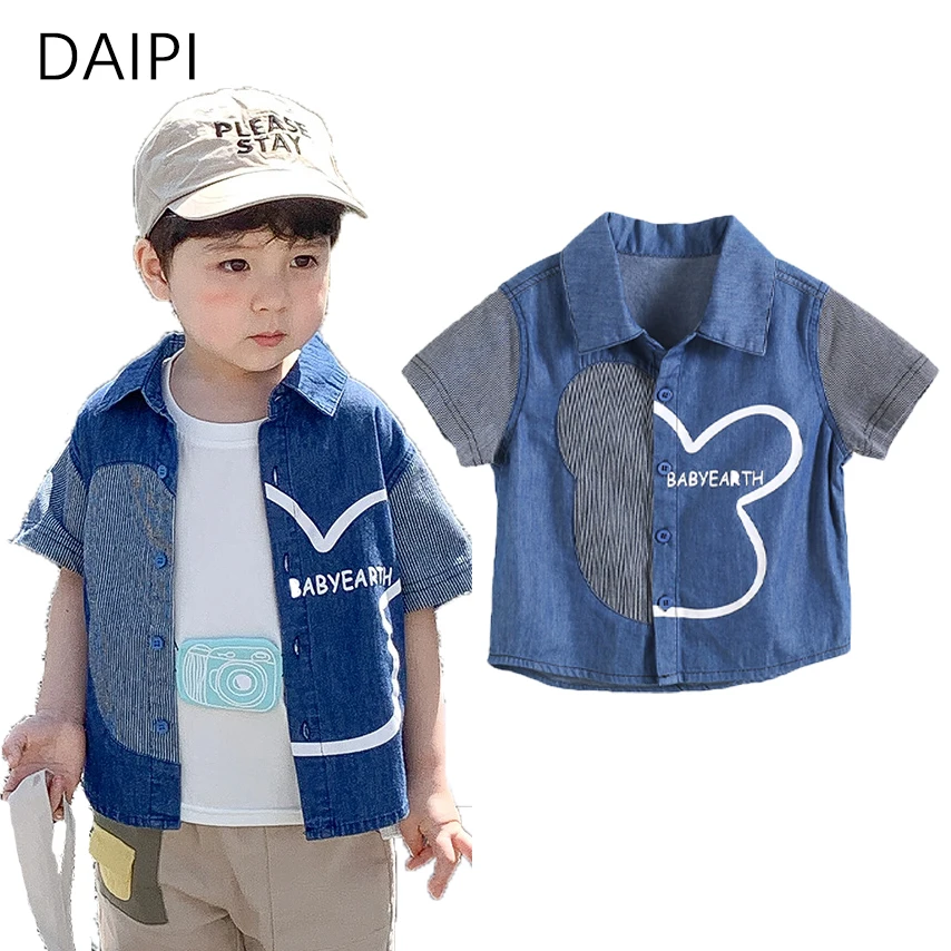 

1-6 Year Korean Style Boys Shirts Cartoon Splicing Lapel Shirts for Girls 2022 Summer Fashion Toddler Boy Shirts Kids Clothing