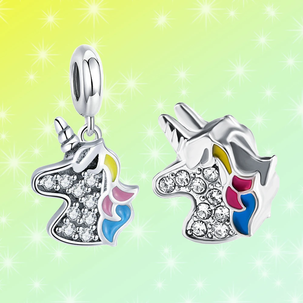 

925 Silver Cute Colorful Unicorn Shape Pendant Set Banquet Party Fit for DIY Woman Romantic Bracelet Necklace Jewelry Gift