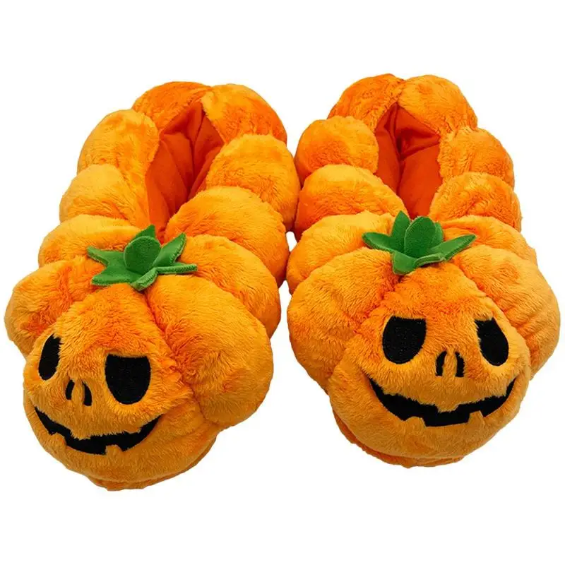 

Fuzzy Pumpkin Slippers Halloween Warm Plush Slides With Non-Slip Sole Cute Winter Warm Halloween Slides Soft Bedroom Shoes