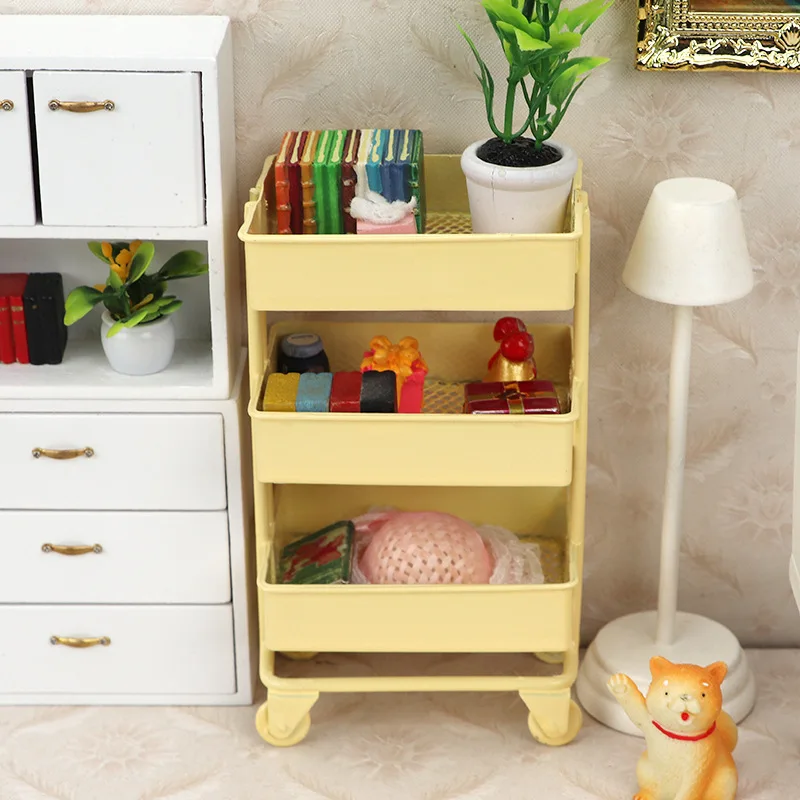 

Miniature Iron Shelf Bookshelf With Wheels Rolling Dollhouse Furniture Accessories Utility Cart Rack Mini Scene Model