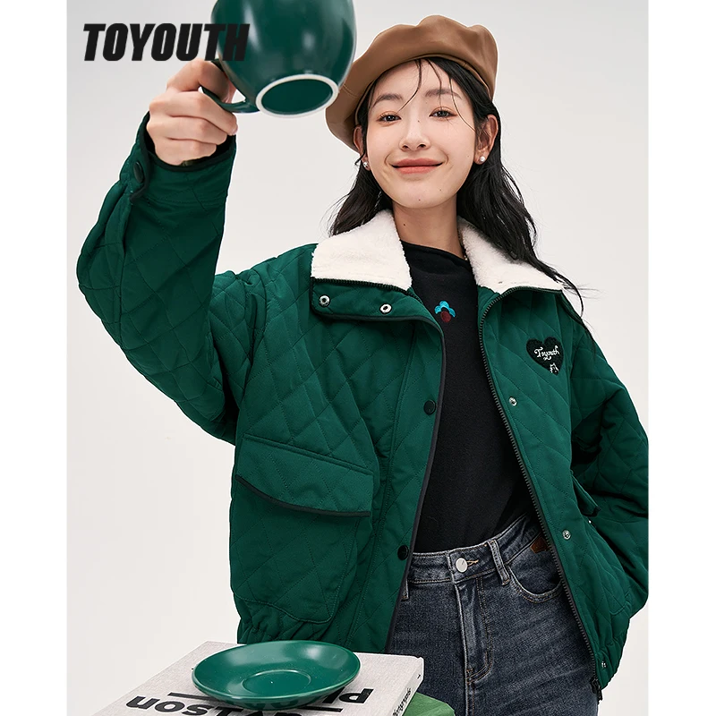 Toyouth Women Thick Coat 2022 Winter Long Sleeve Plush Lapel Loose Jacket with Pocket Green Warm Casual Outwear Tops