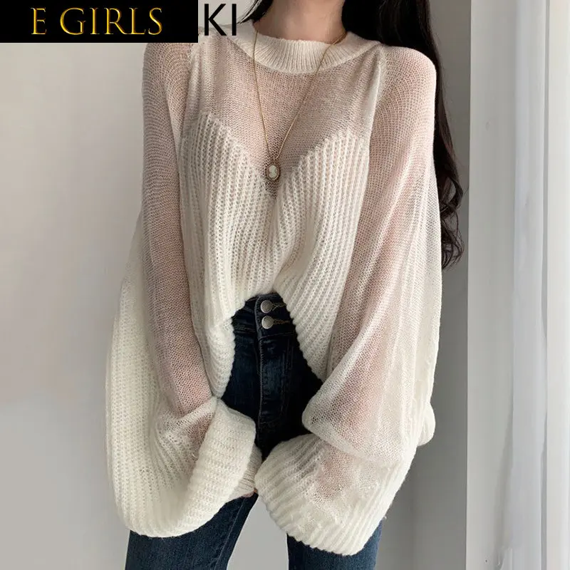 

E GIRLS O Neck Loose Long Sleeve Pullover Sweaters Women Soft Thin Pull Femme Korean Style All Match Autumn 2023 Knitted Tops Wo
