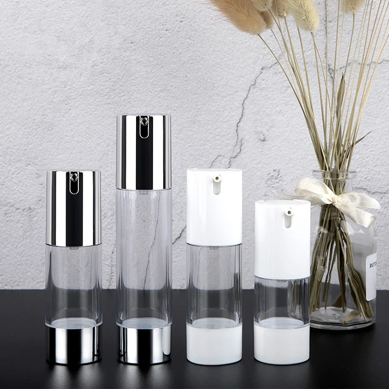 

100pcs/lot Airless Pump Bottle 15ml 30ml 50ml Silver Cosmetic Liquid Cream Container Lotion Essence Bottles