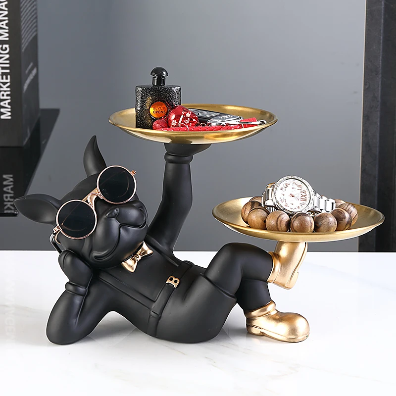 

Lying Black French Bulldog Butler with Double Gold Metal Tray Dog Statues and Sculptures Room Decor Home Butler Statue Ornament