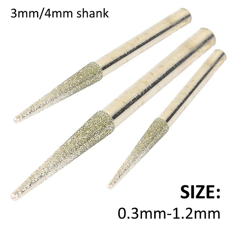 

1pcs 0.3mm-1.2mm Diamond Cone Grinding Burrs Bits Engraving Carving Knife 3mm/4mm Shank For CNC Metal Jade Carving Files