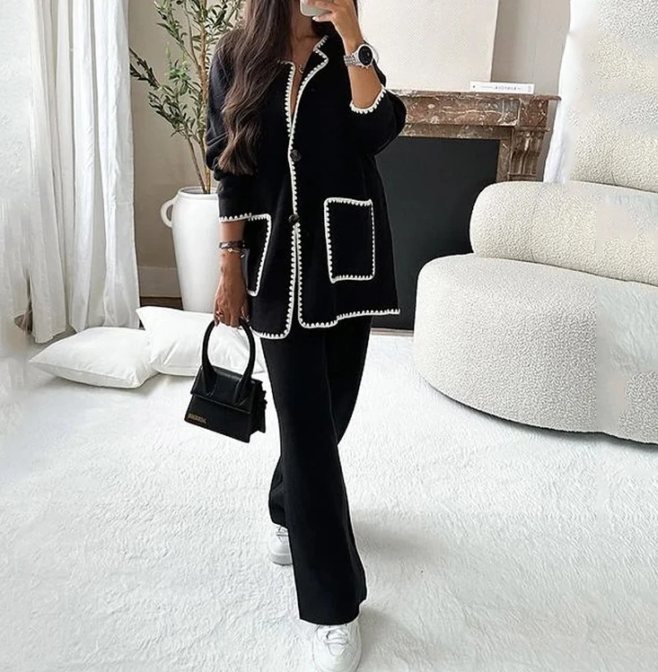 

Fashion Two Piece Set Women Outfit 2023 Autumn New Solid Pocket Design Temperament Casual Loose Top and Pants Set Commuting