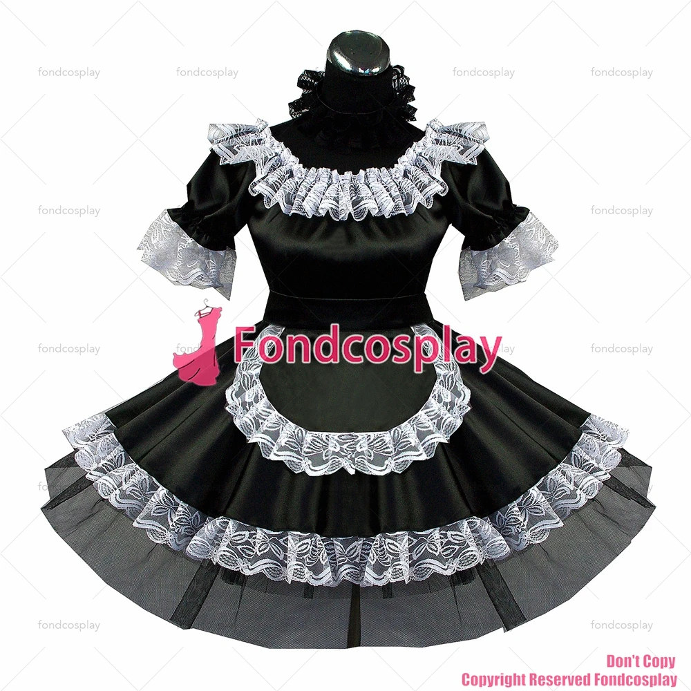 

fondcosplay adult sexy cross dressing sissy maid short Black Satin Dress Uniform apron Costume CD/TV[G468]