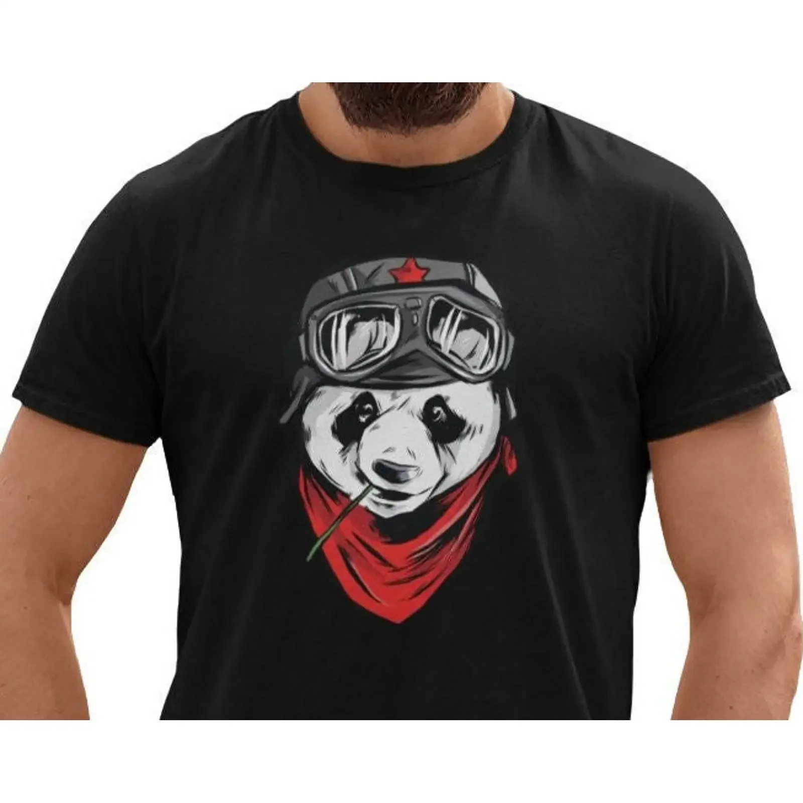 Фото Футболка Panda Pilot для мужчин с забавным принтом медведя, природным мотивом, юмористическим дизайном, логотипом дикого животного, винтажная, универсальная. №1