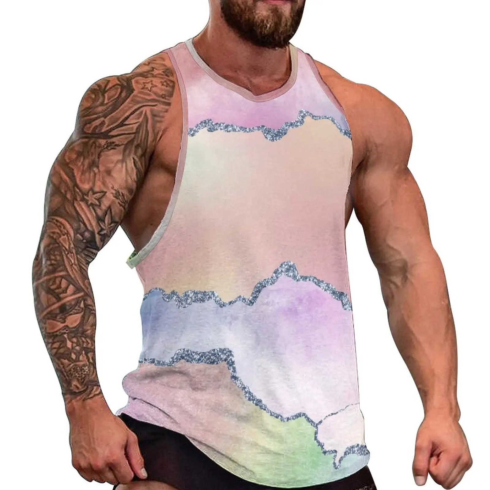 

Watercolor Ombre Tank Top Men Peach Agate Print Tops Summer Custom Bodybuilding Sportswear Oversized Sleeveless Shirts