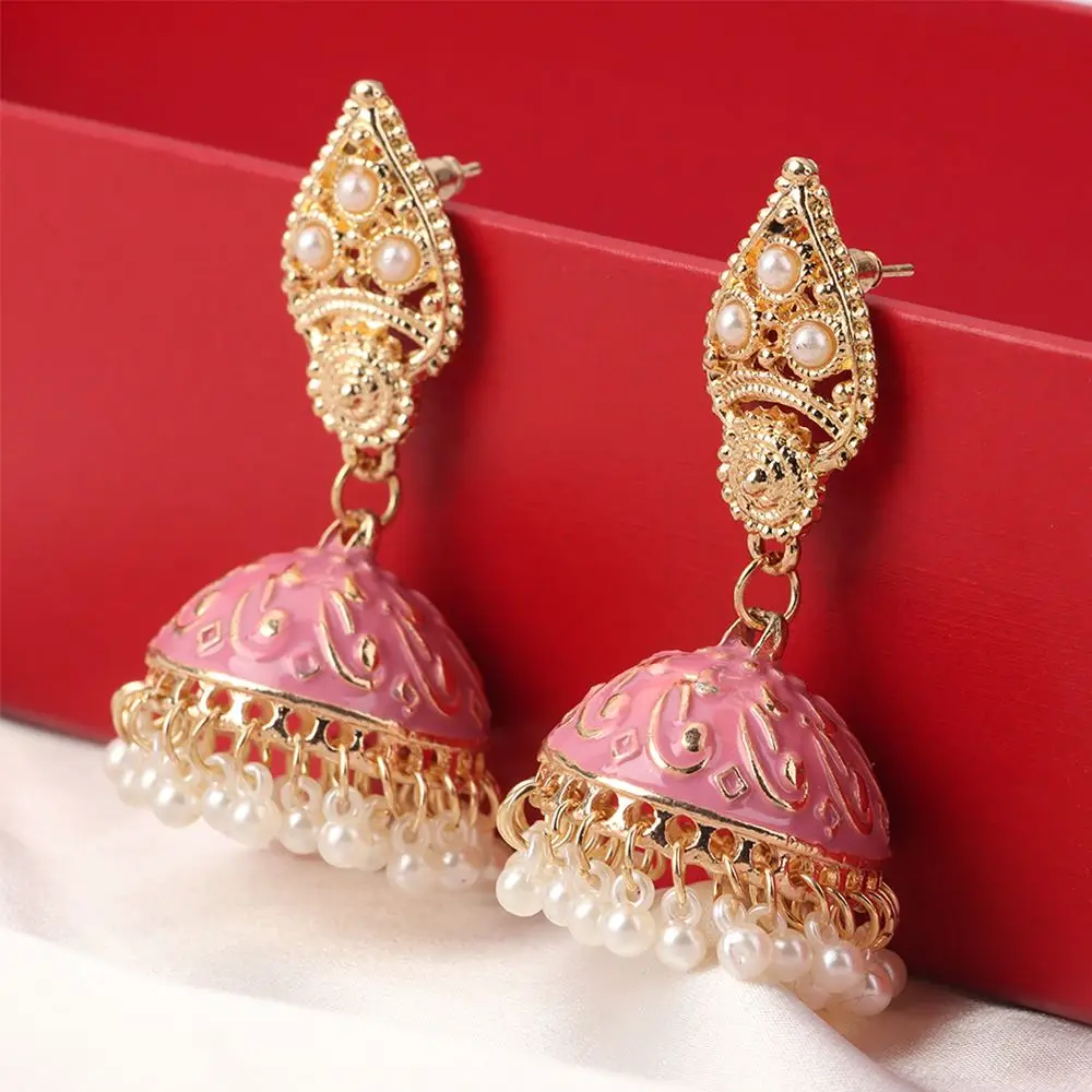 

Ethnic Flower Bells Ladies Earrings Vintage Pearl Beads Gypsy Jhumka Earrings with Tassels Oorbellen Hangers Jewelry Accessories