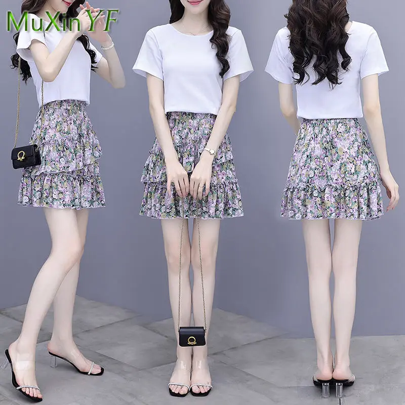 

2022 Summer Casual T-shirt + Chiffon Skirt Two-piece Women's Elegant Short-sleeved Printed Mini Skirts Suit Korean Fashion Set