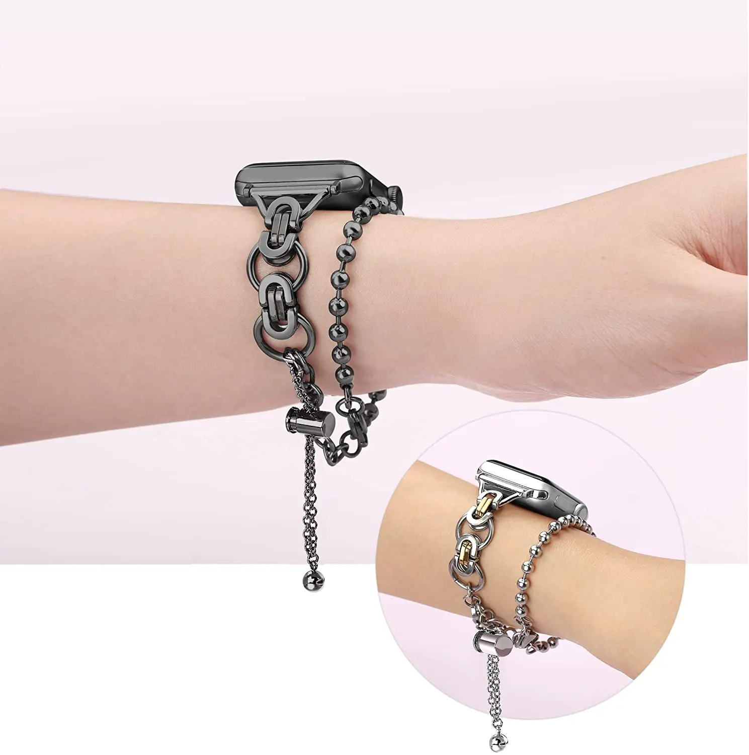 Luxury metal strap for apple watch band fashion double loop bead chain iwatch series 87654321SE Ultra49/45/44/42/41/40/38mm band