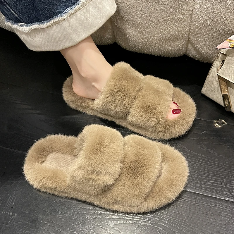 

Oversized Double Furry Slippers for Women In Autumn and Winter Wear Flat Bottomed One Word Indoor Thermal Cotton Slippers 2023