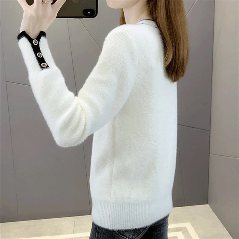 

Winter Autumn Fashion Mink Cashmere Sweater Women Slim Short Pullover Jumpers Ladies 6 Color V-Neck Long Sleeve Knit Tops Female