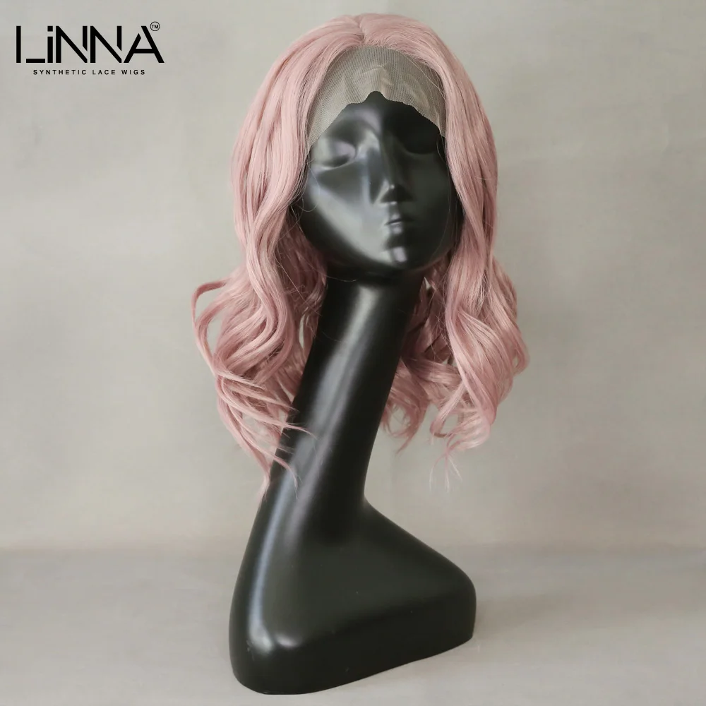 

LINNA Natural Wavy Synthetic Lace Wigs For Women Pink Middle Part Lace Cosplay Wigs High Temperature Fiber Wigs