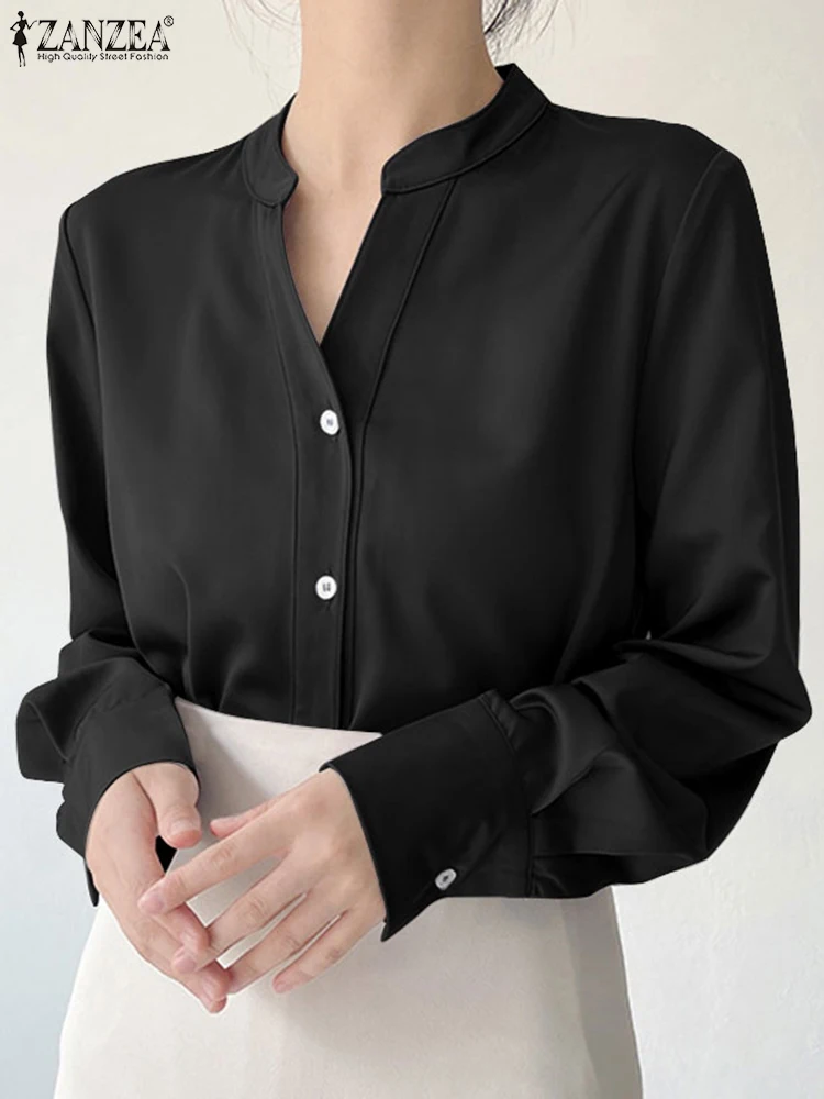 

Блузка женская оверсайз с V-образным вырезом, модный Атласный топ с длинным рукавом для офиса, Повседневная однотонная Свободная рабочая одежда, 2023