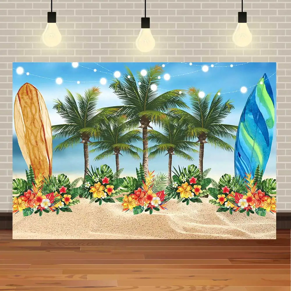 

NeoBack Tropical Seaside Flower Aloha Flamingo Hawaii Surfboard Beach Sea Glitter Backdrop Party Banners Photography Background